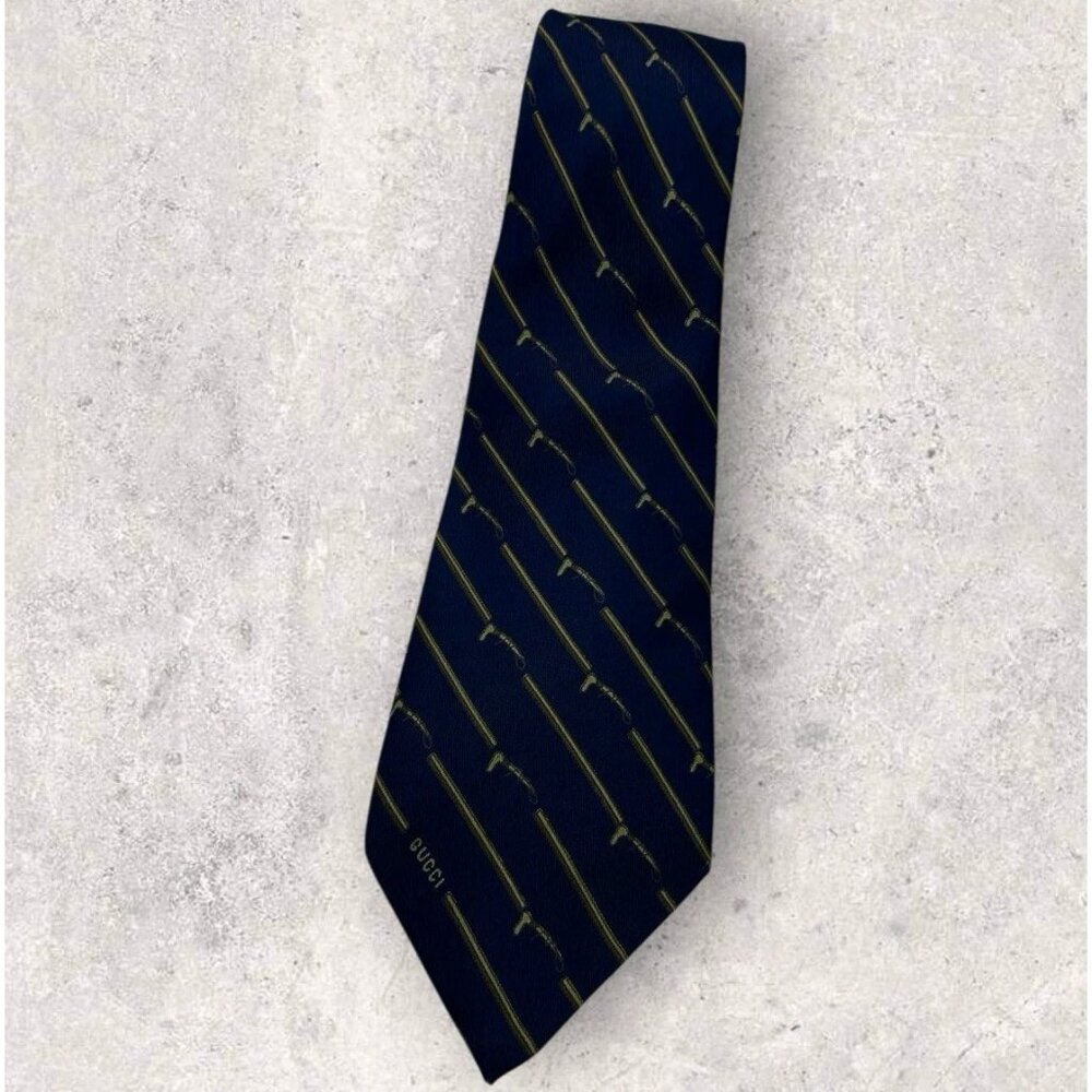 GUCCI VINTAGE Silk Tie ITALY Navy Beige Brown Horse Bit Brand GUCCI W:4" EUC